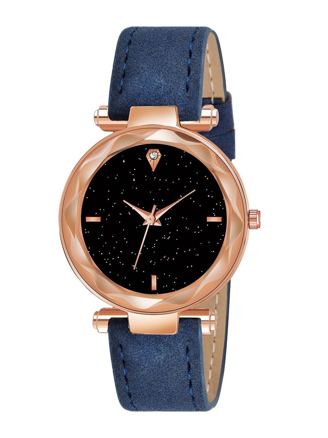 swadesi stuff women black & blue leather straps analogue watch geneva leather blue