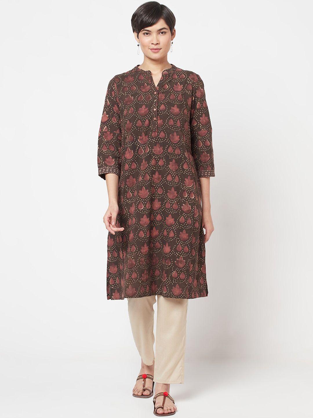 fabindia women brown ethnic motifs hand block printed kurta