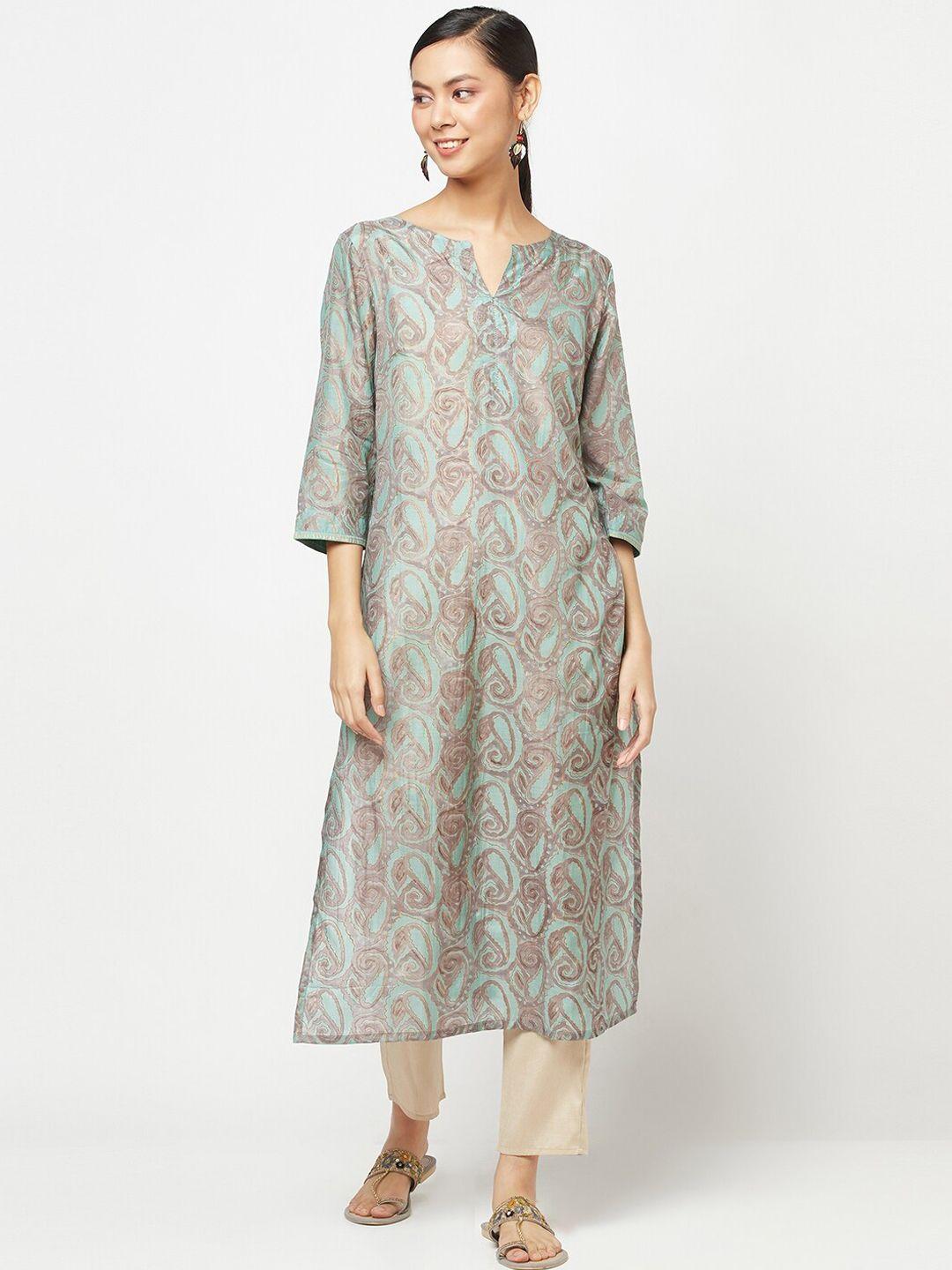 fabindia women teal green & grey ethnic motifs printed long kurta