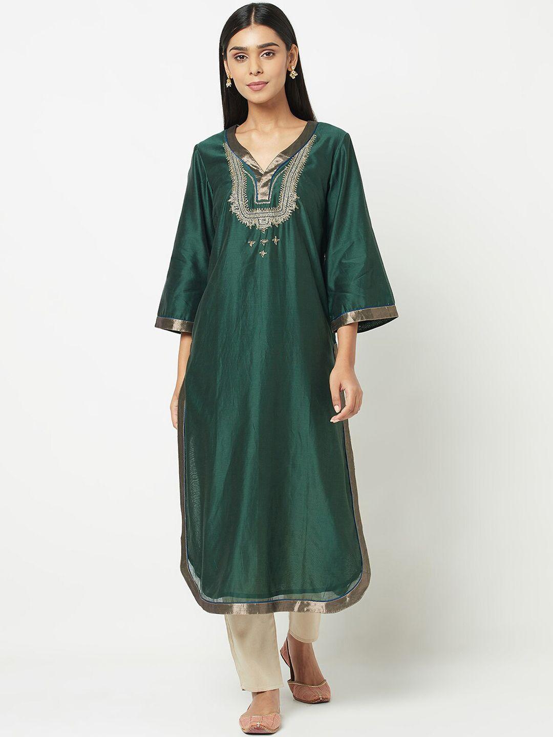 fabindia women green embroidered straight kurta