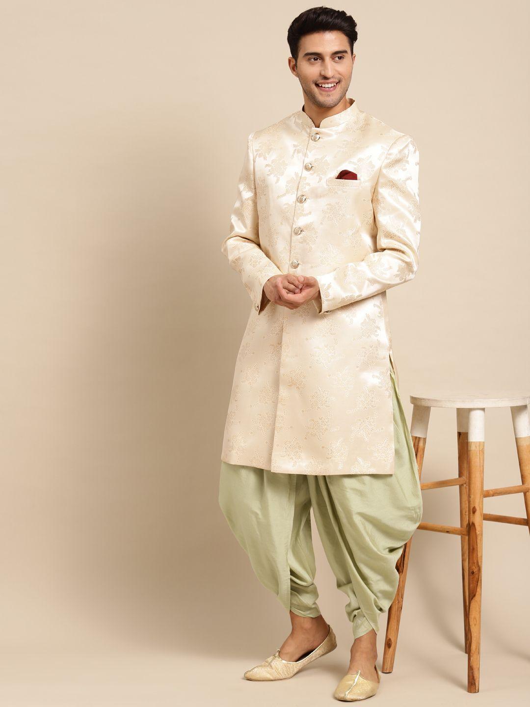 kisah men beige & green woven-design sherwani set