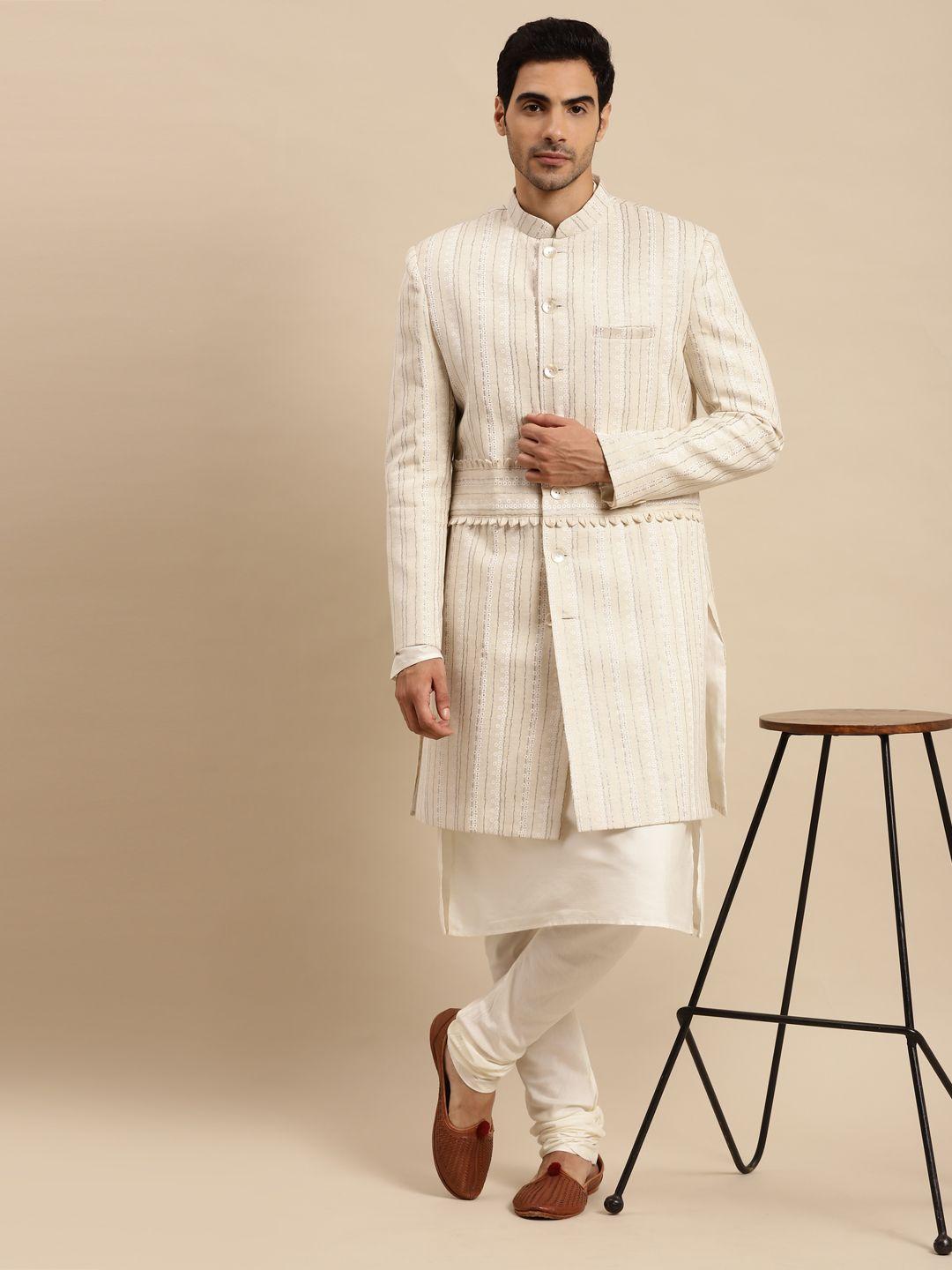 kisah men cream solid pure cotton sherwani