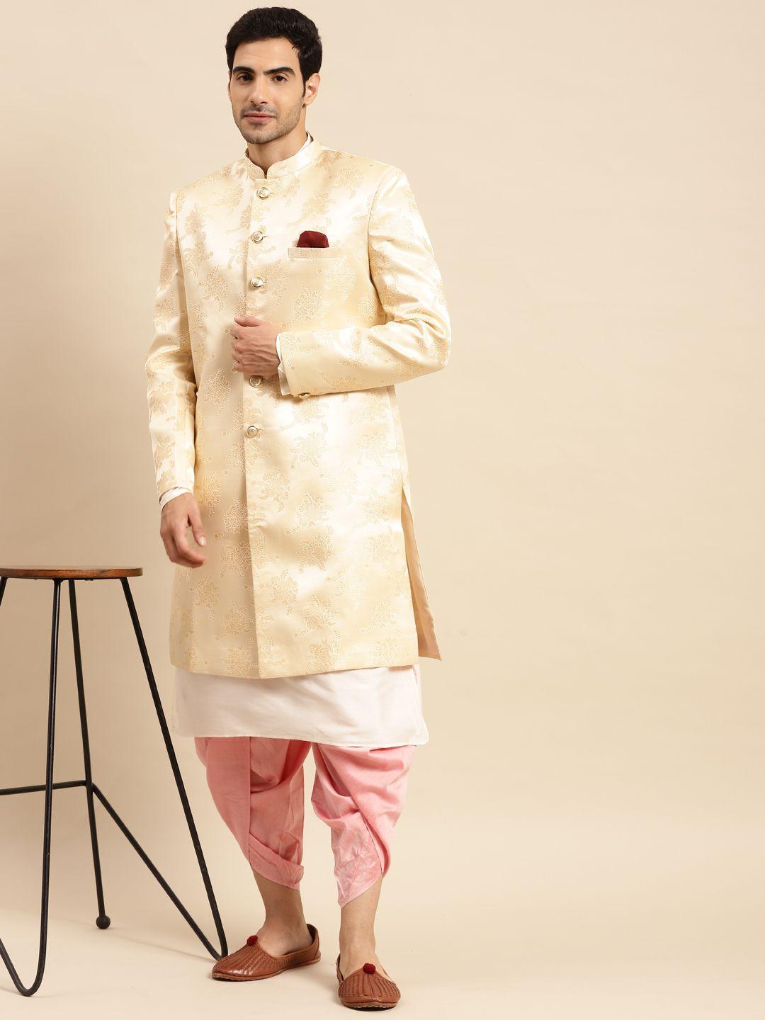 kisah men beige woven design cotton regular fit sherwani set