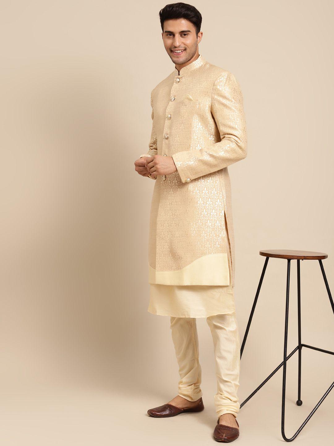 kisah men beige woven design cotton sherwani set