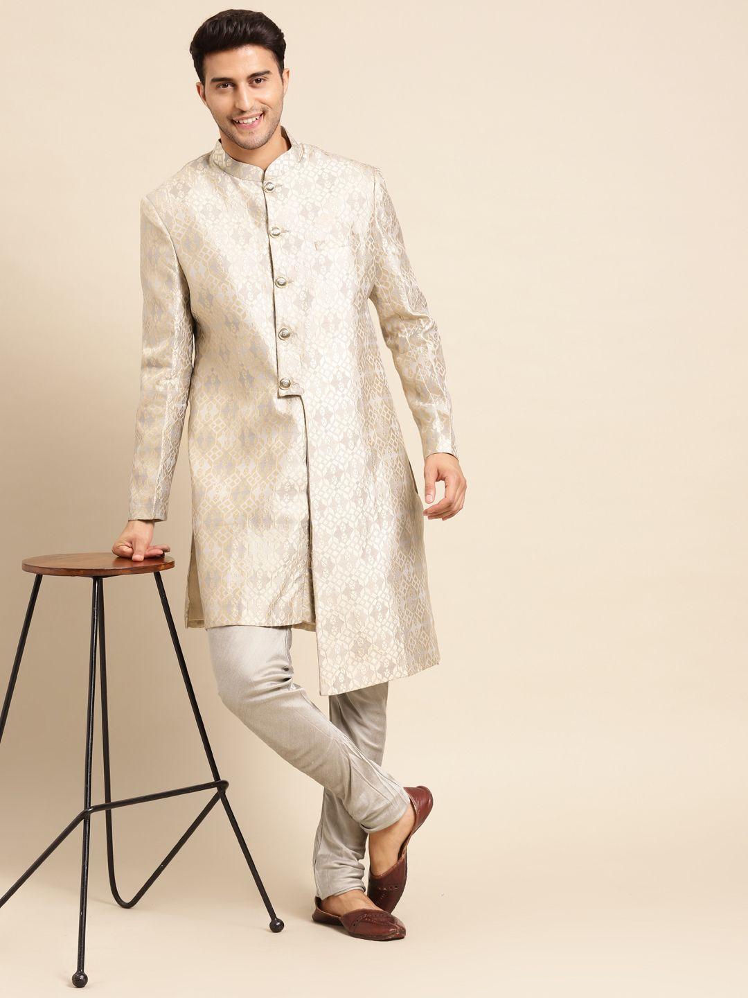 kisah men grey woven-design mandarin collar sherwani