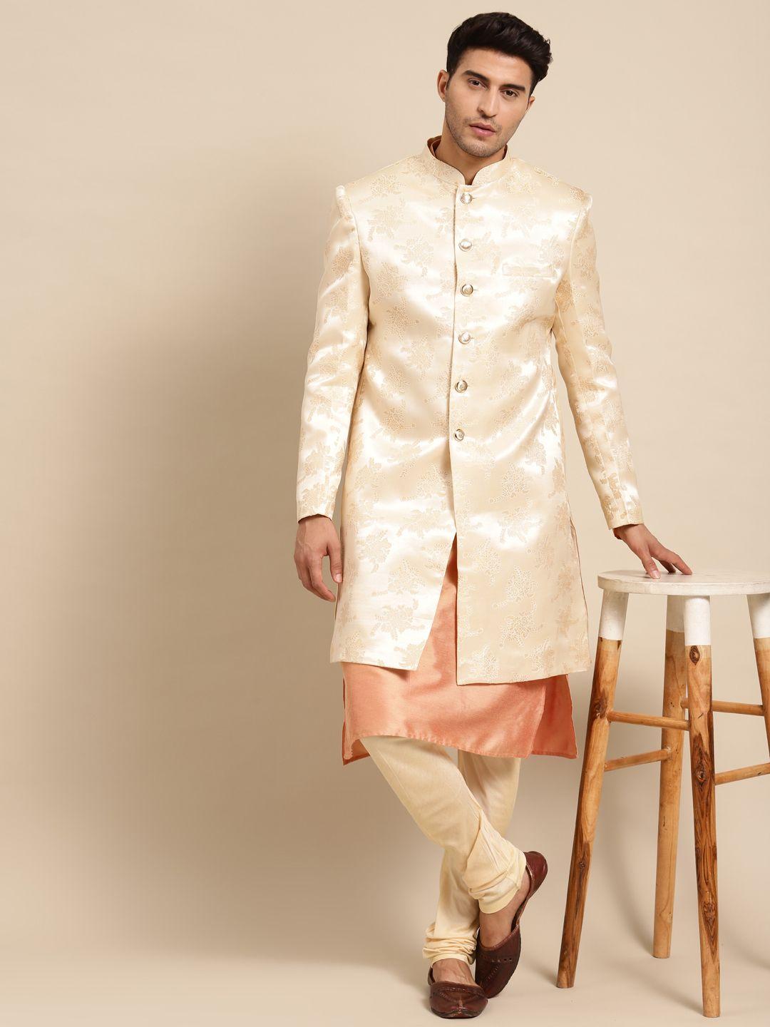 kisah men beige & orange woven-design sherwani set