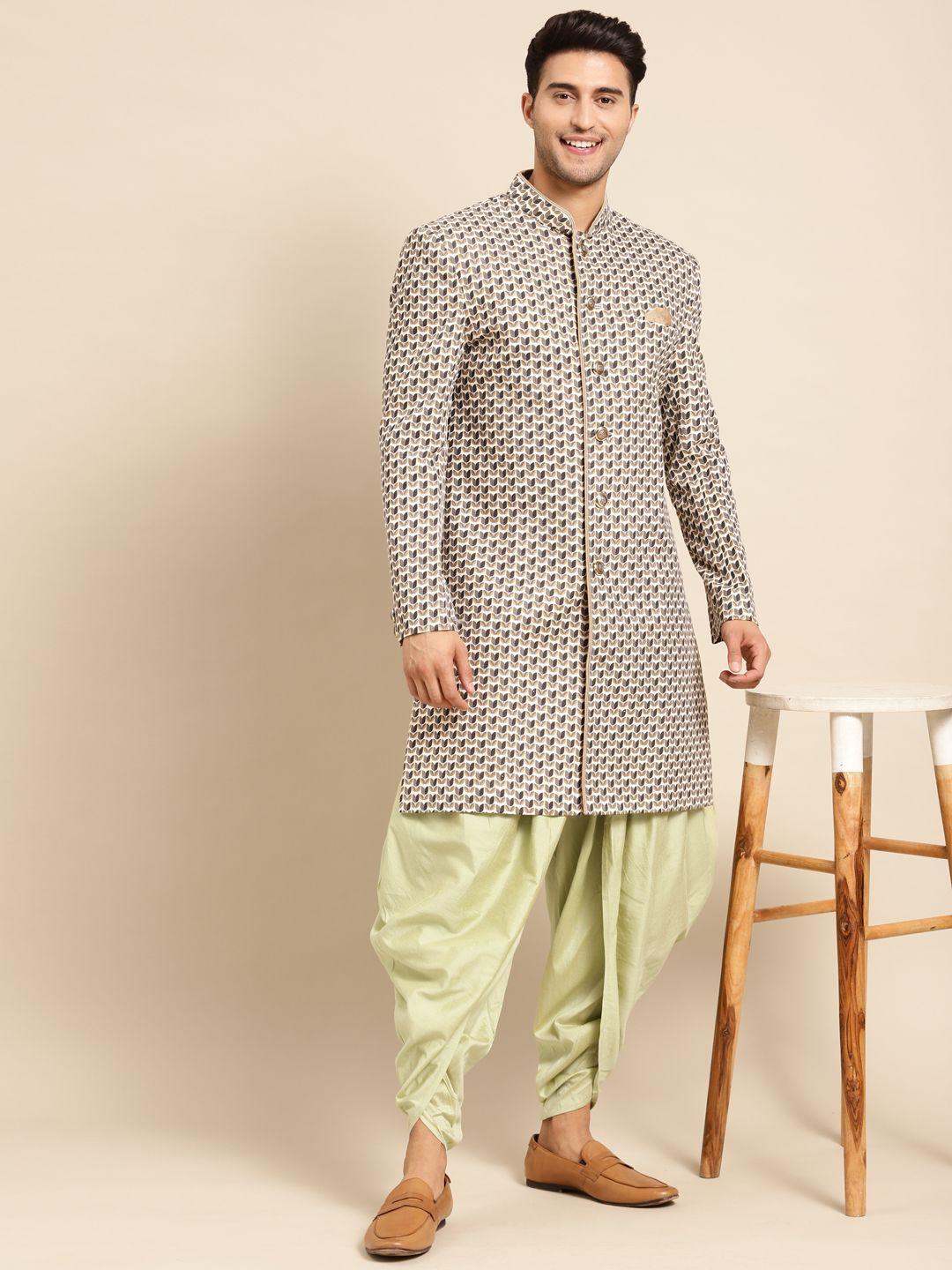 kisah men cream-coloured & sage green printed sherwani set