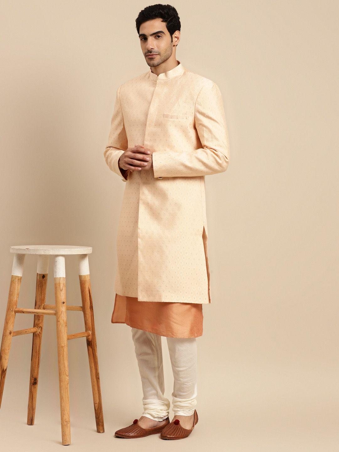 kisah men peach-coloured printed cotton sherwani set