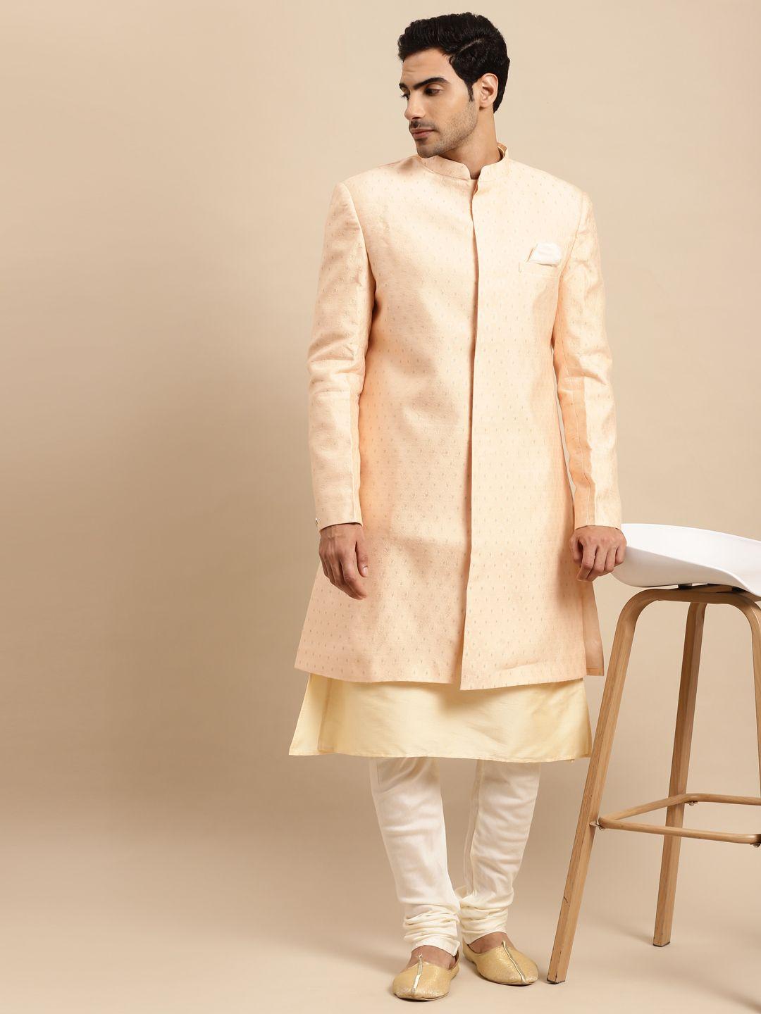 kisah men peach-coloured woven design sherwani with jacket