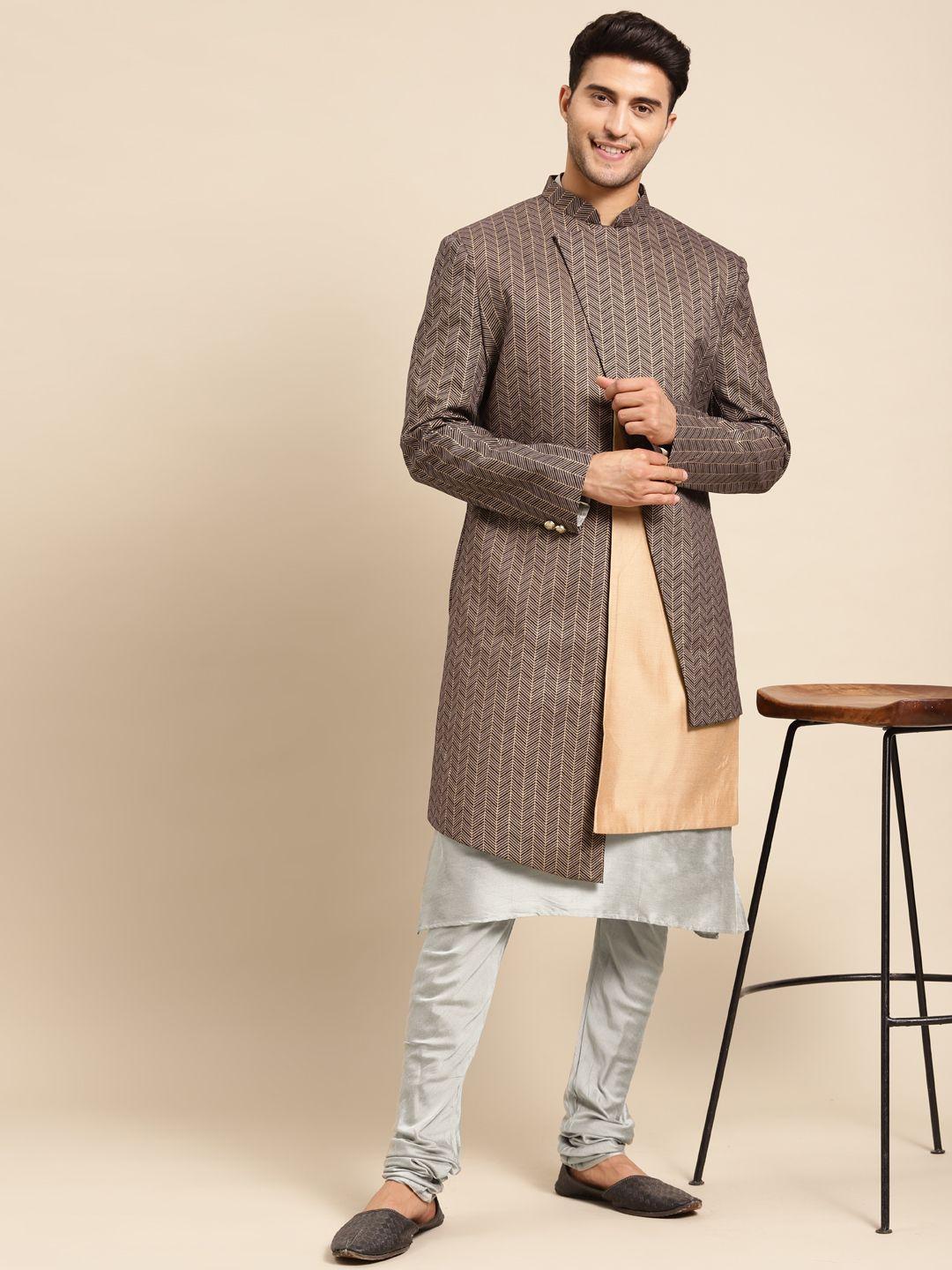 kisah men brown & grey printed sherwani set