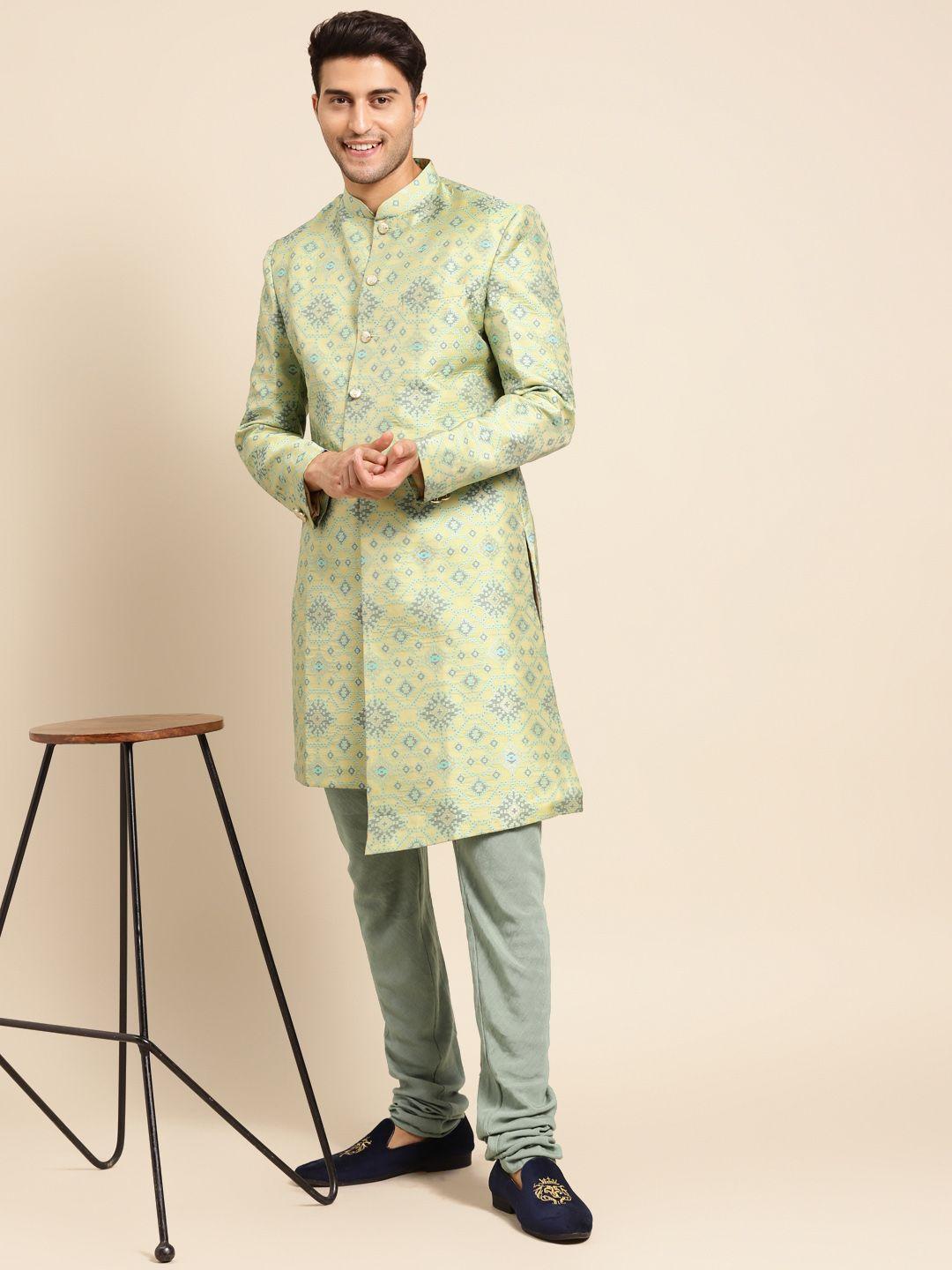 kisah men yellow woven design sherwani set