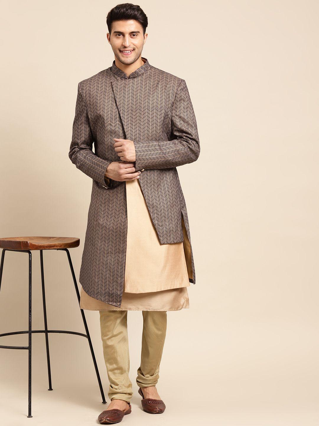 kisah men brown & black printed cotton sherwani set