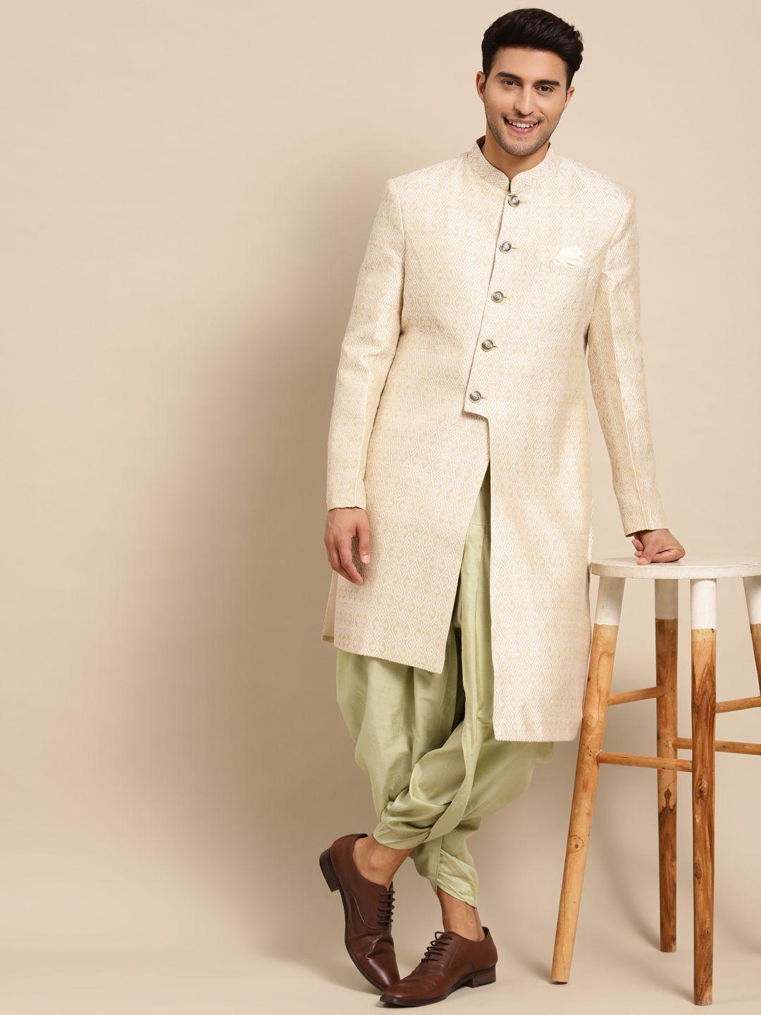 kisah men beige & sage green printed sherwani