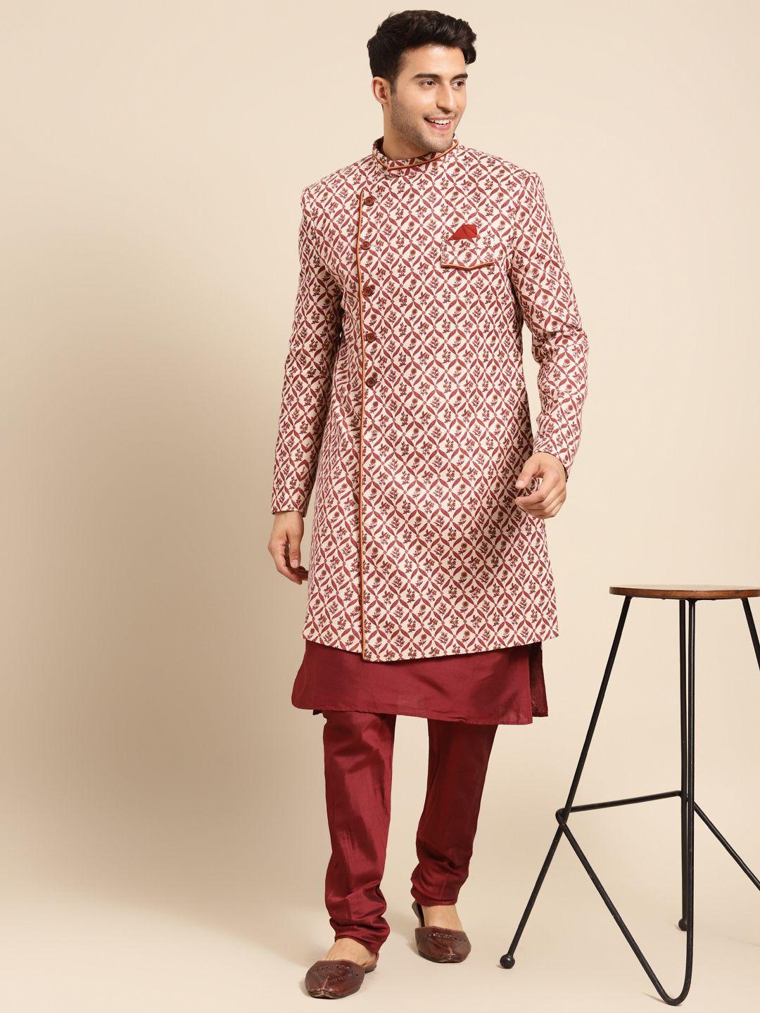 kisah men cream & maroon printed cotton sherwani set