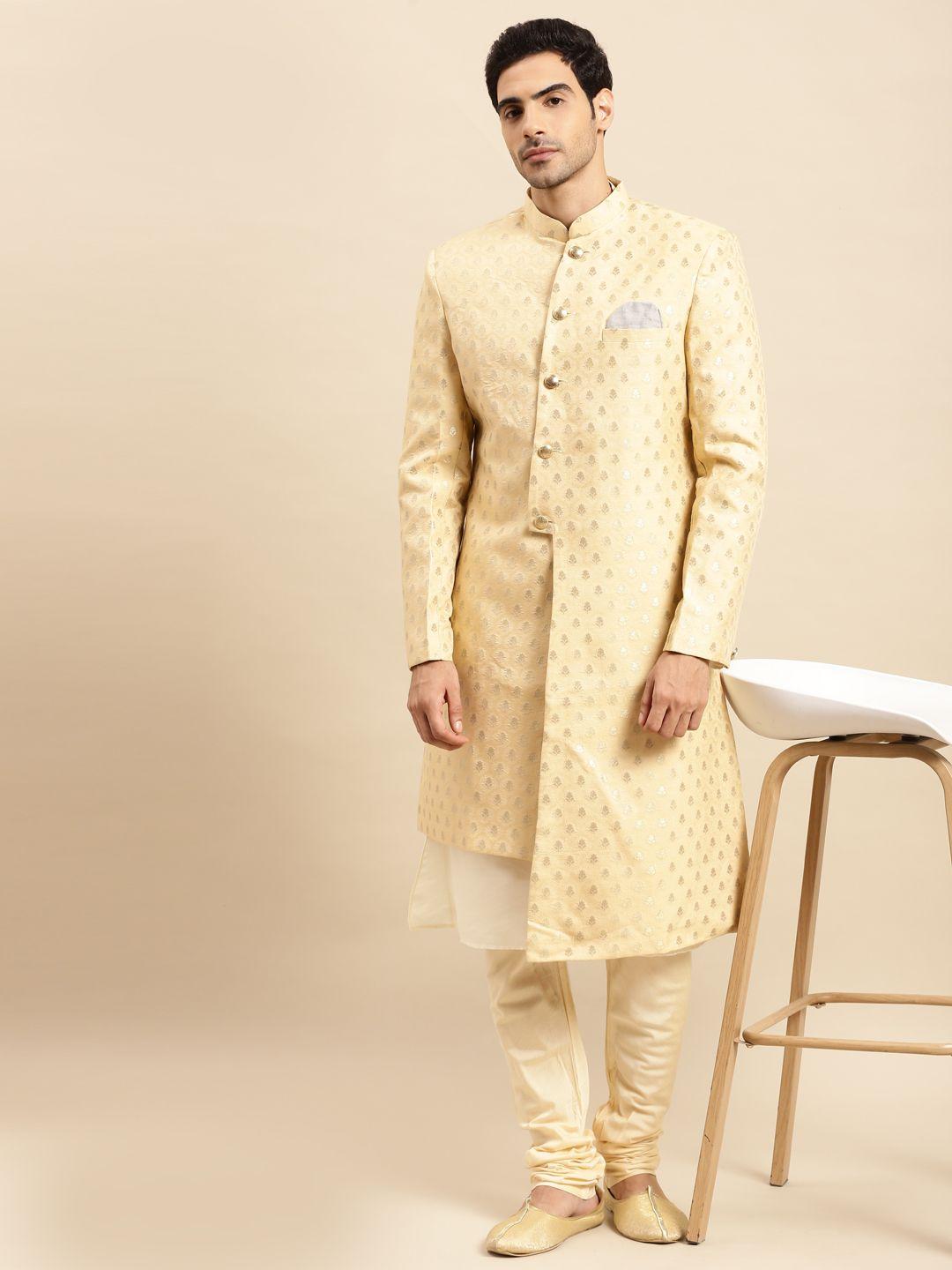 kisah men gold toned & silver-toned woven design sherwani set