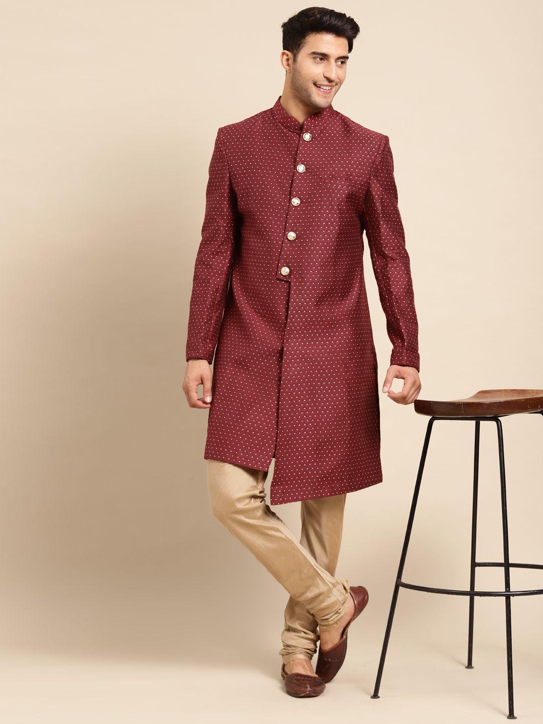 kisah men maroon woven design cotton sherwani