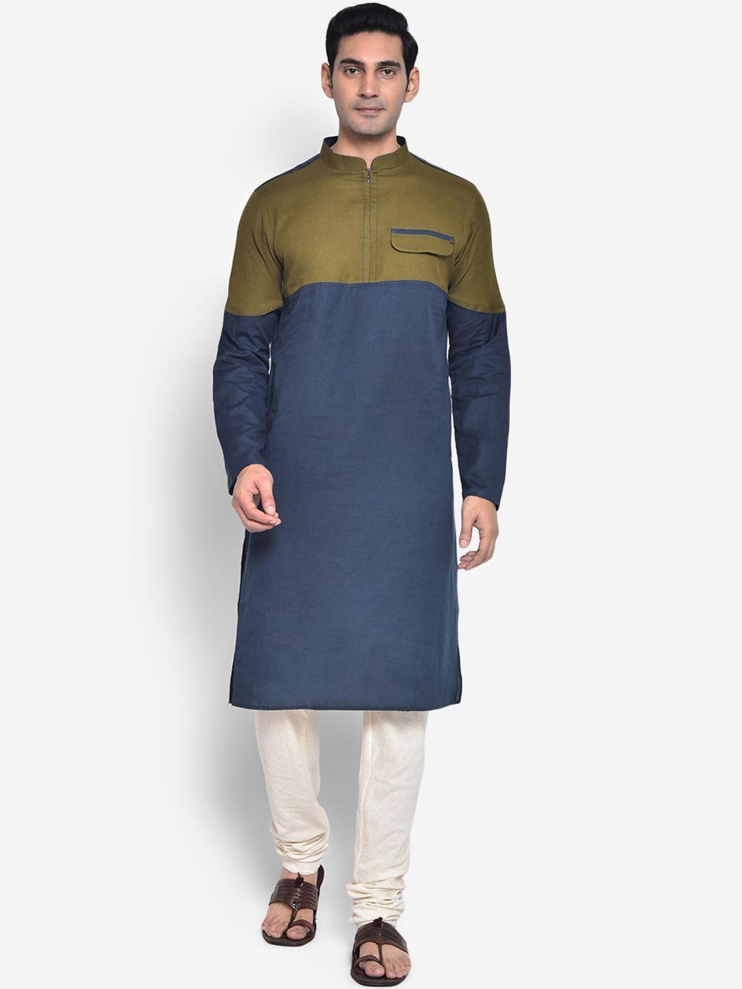 kisah men brown colourblocked thread work cotton kurta