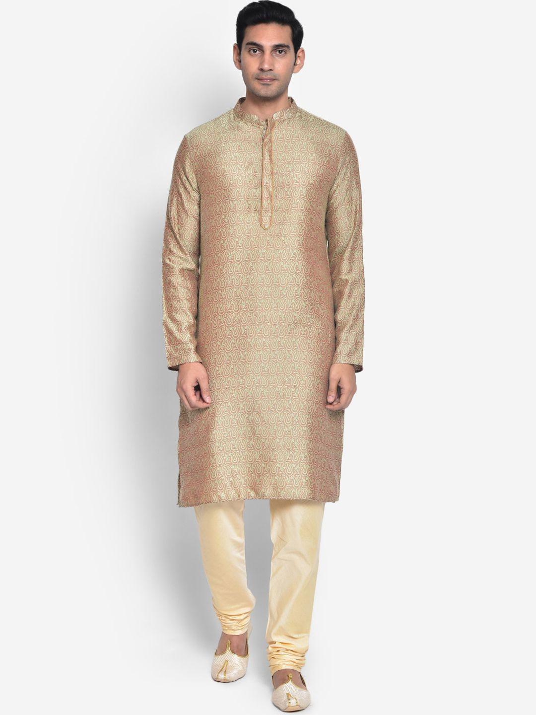 kisah men gold-toned & red paisley printed cotton kurta