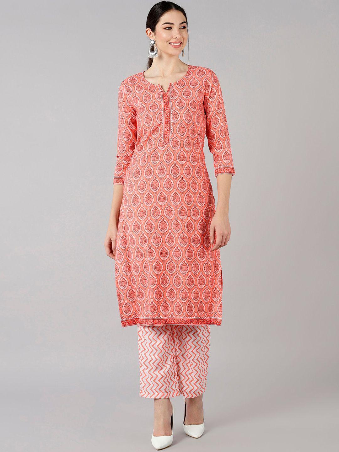 ahika women peach-coloured & white ethnic motifs printed kurta with palazzos