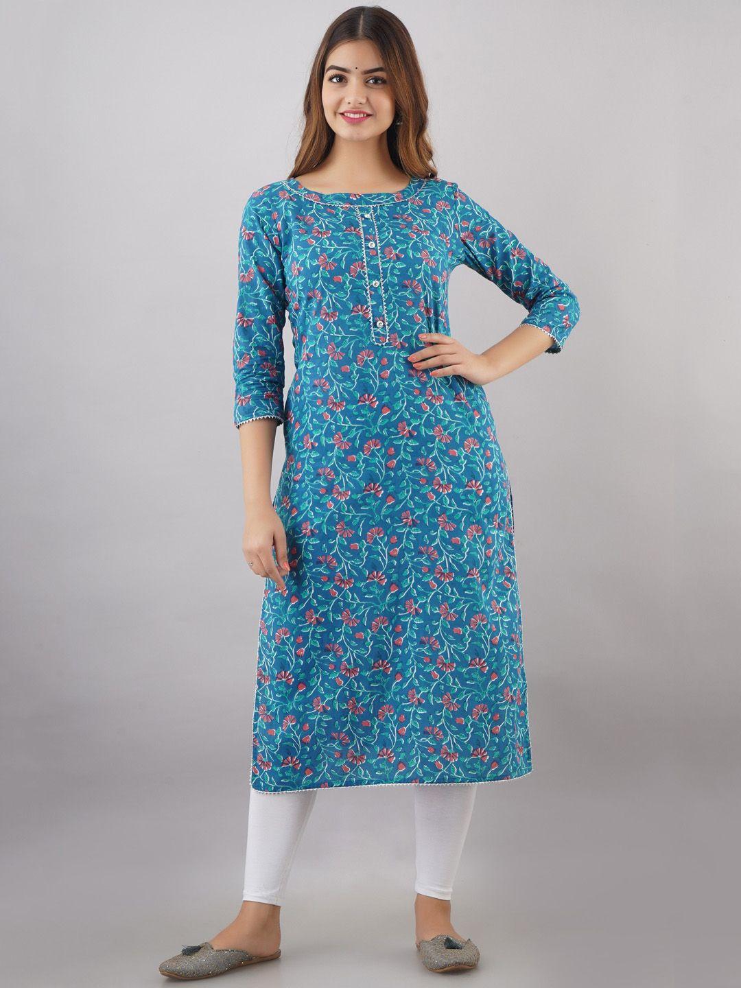 women touch women blue & pink floral printed pure cotton kurta