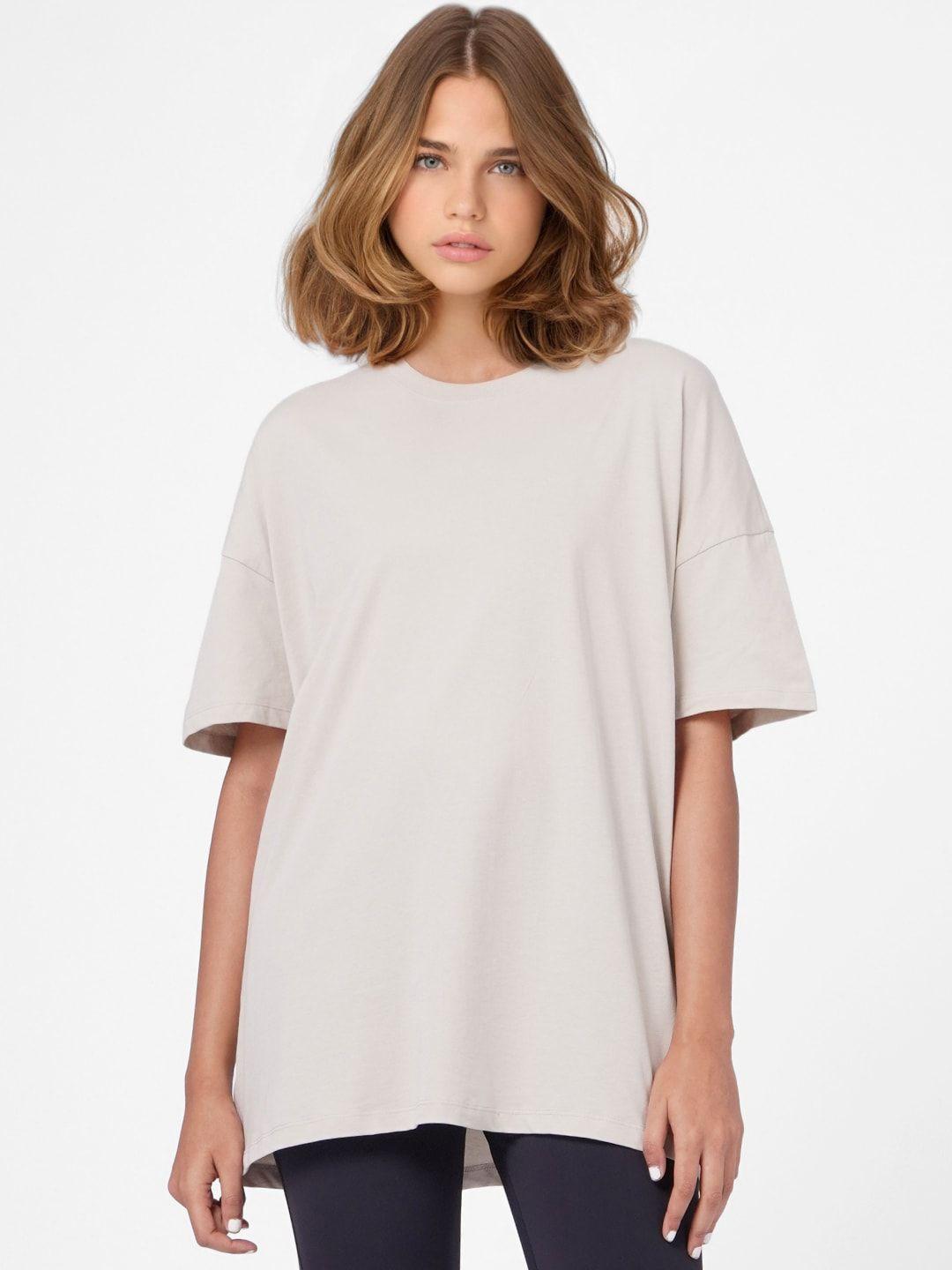 only women beige drop-shoulder sleeves loose cotton t-shirt