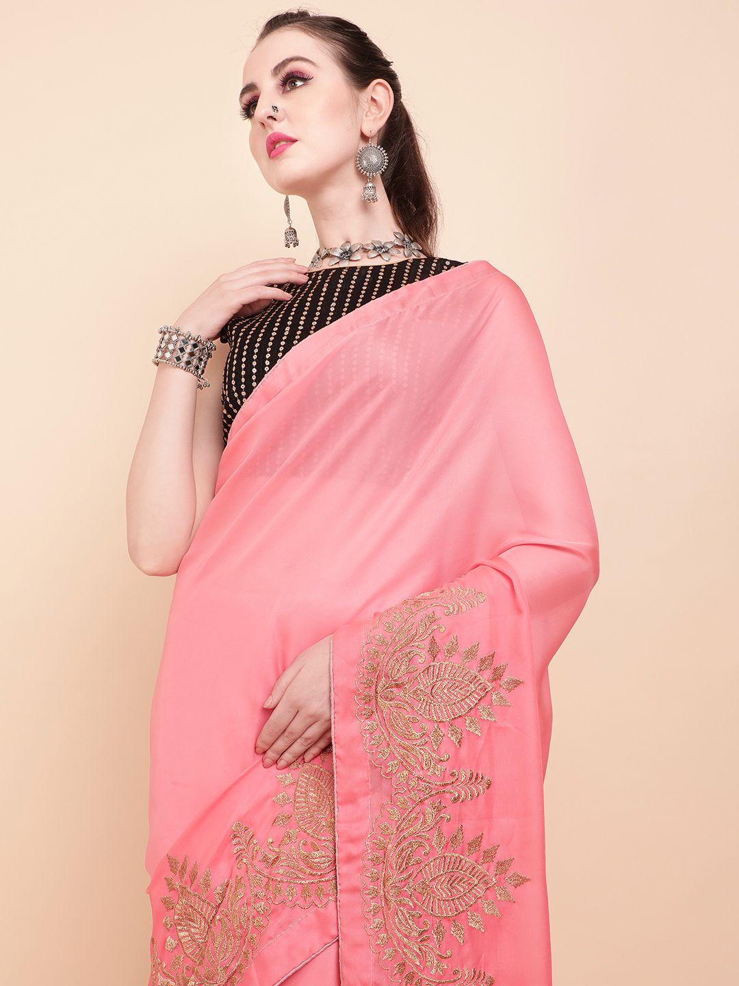 sangria rose & gold-toned batik embroidered satin saree