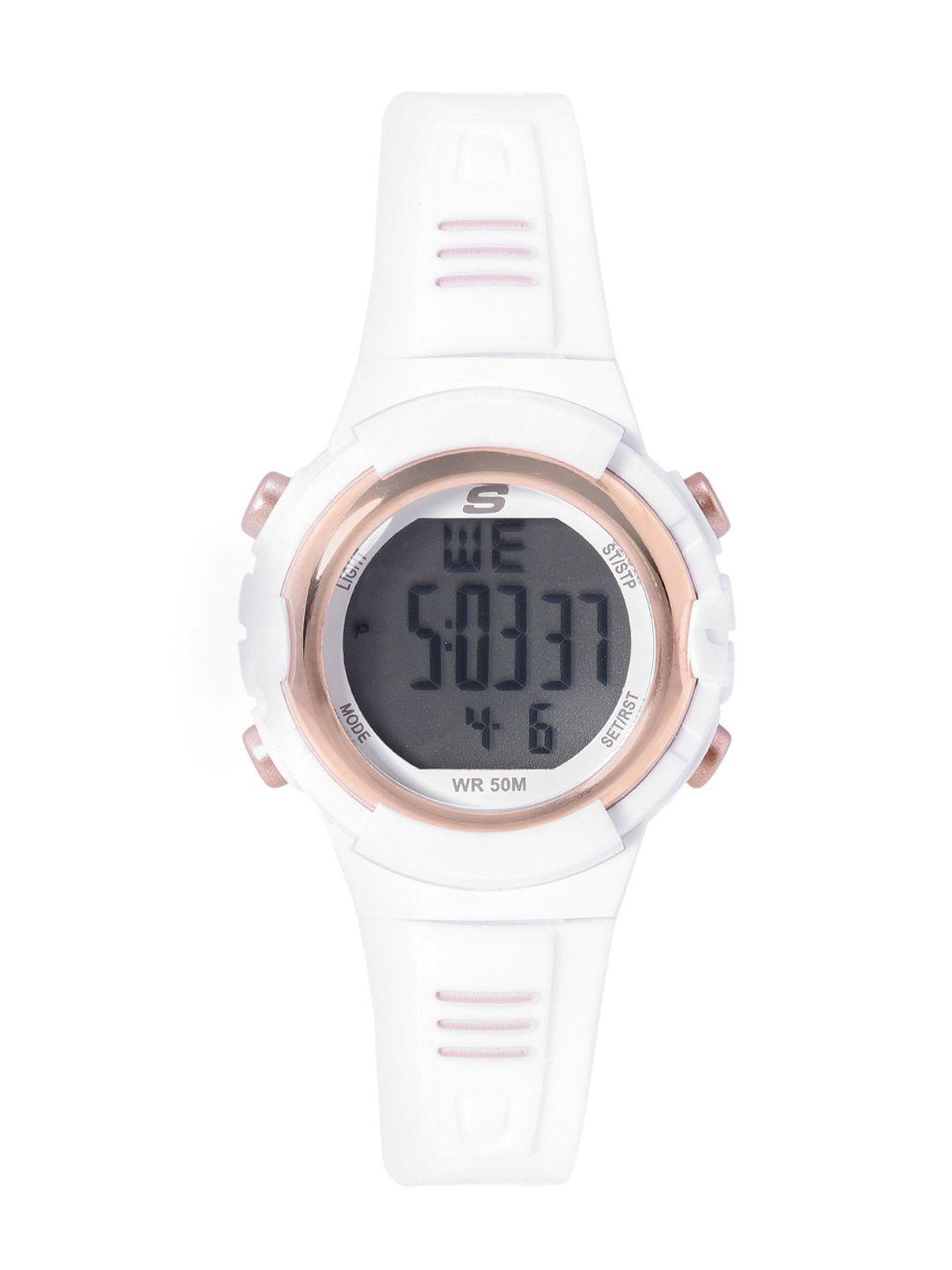 skechers women black dial & white straps digital watch sr6186