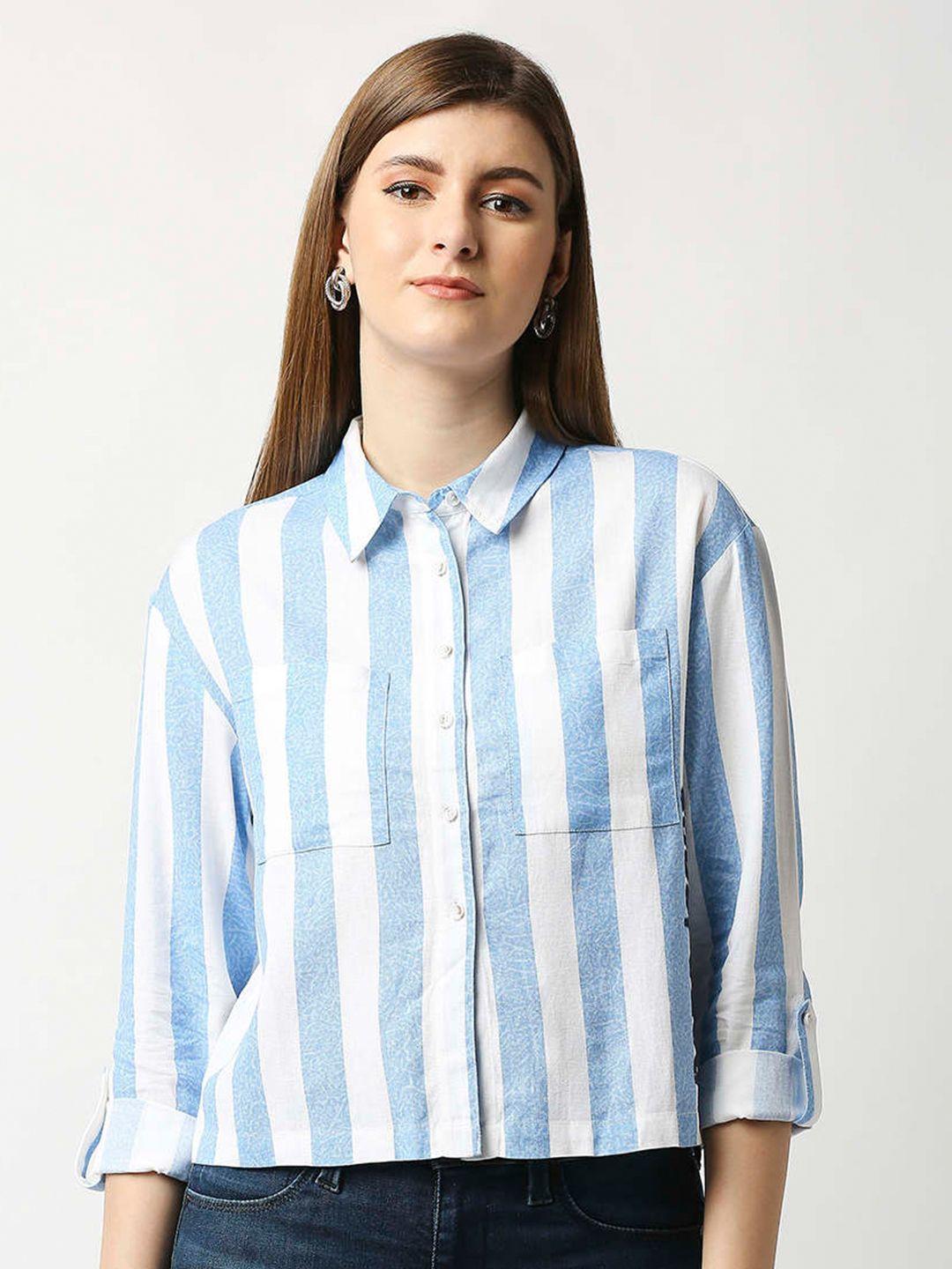 pepe jeans women blue striped cotton casual shirt