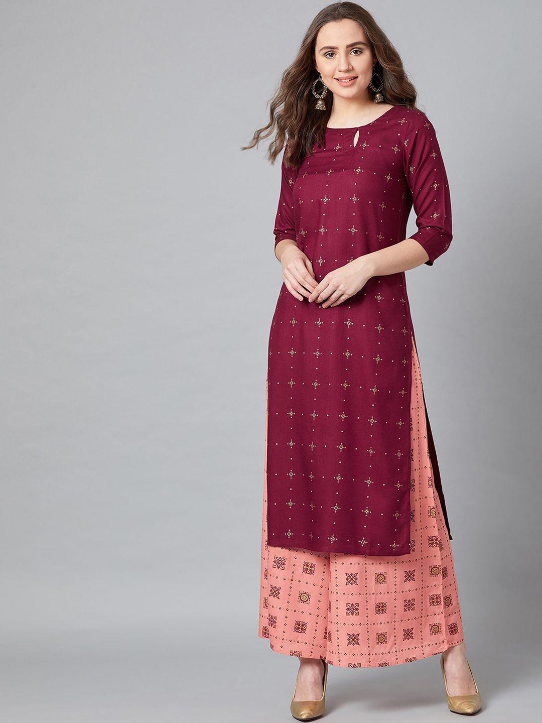 panit women maroon & peach-coloured ethnic motifs printed keyhole neck kurta