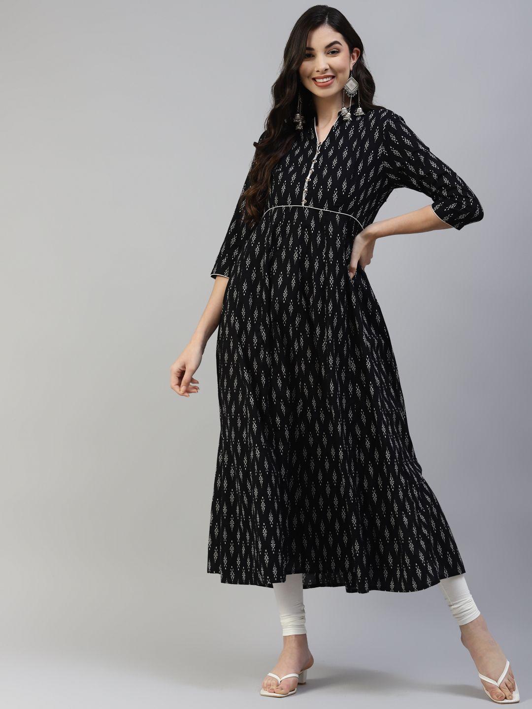 poshak hub women black & white ethnic motifs cotton printed kurta