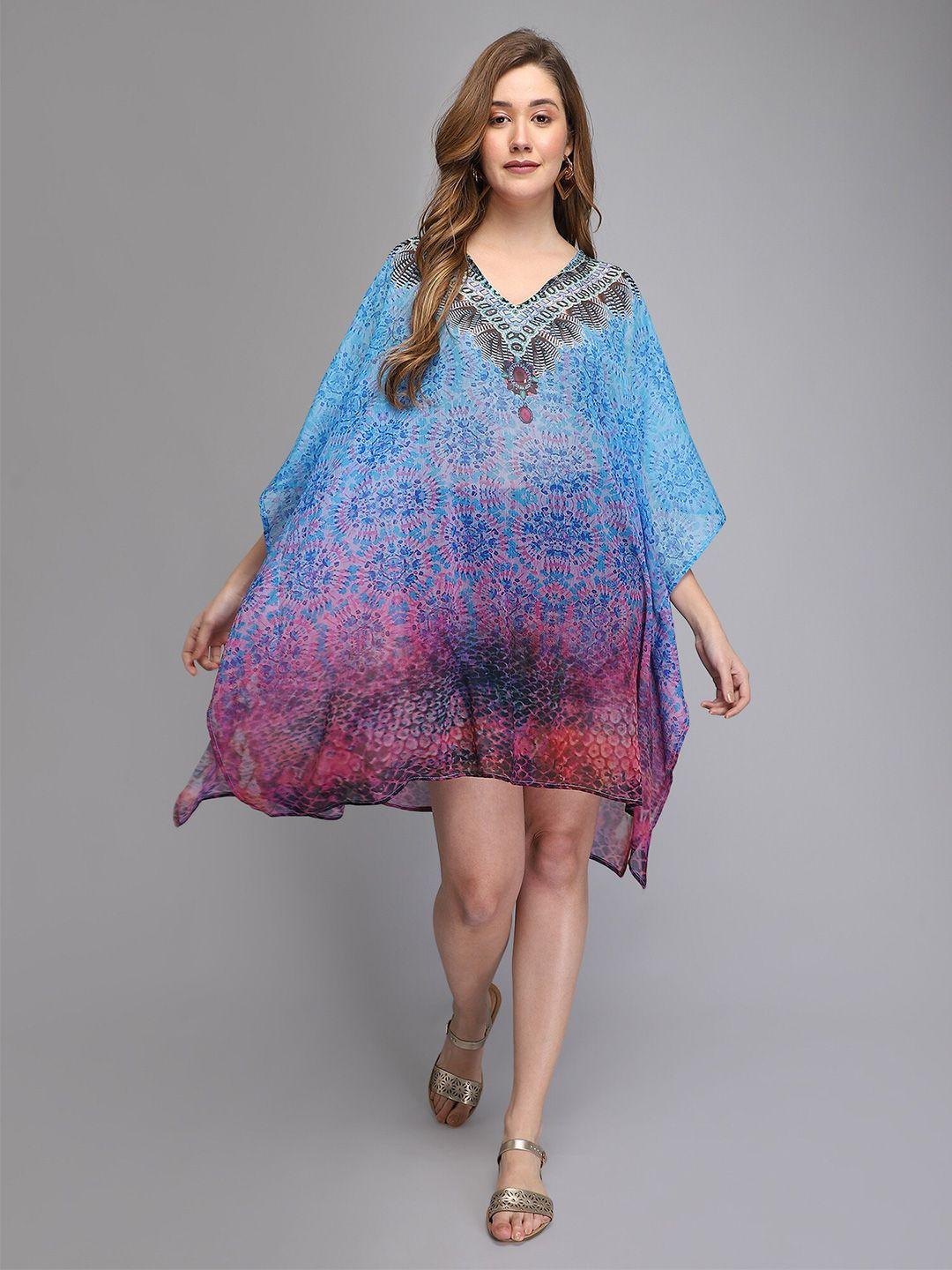 aditi wasan blue ethnic motifs chiffon kaftan dress