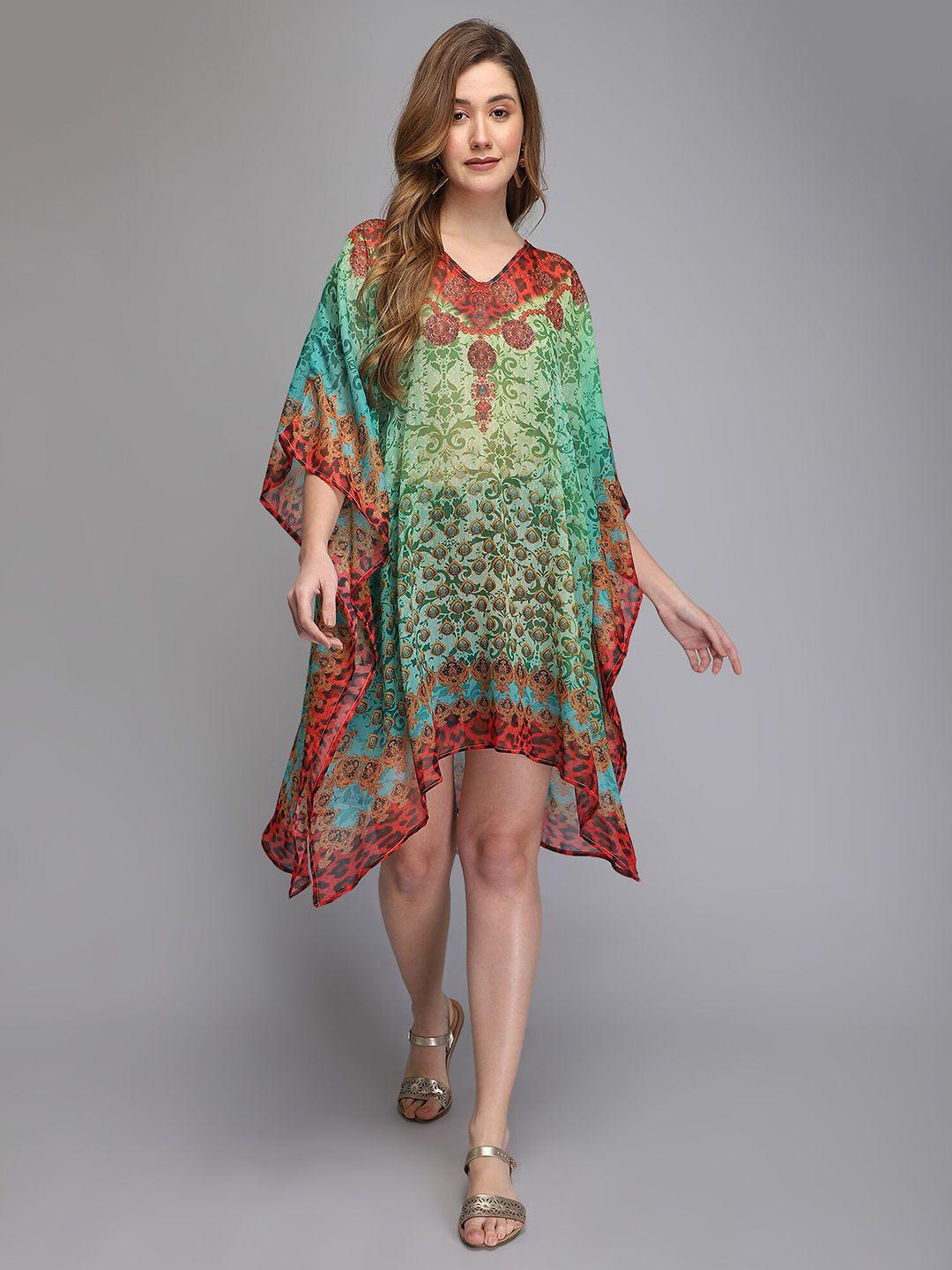 aditi wasan green ethnic motifs printed chiffon kaftan dress