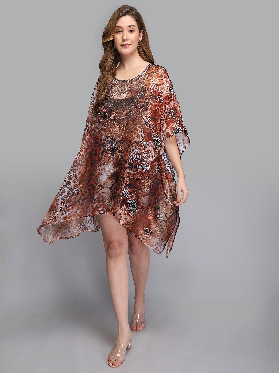 aditi wasan brown animal printed chiffon kaftan dress