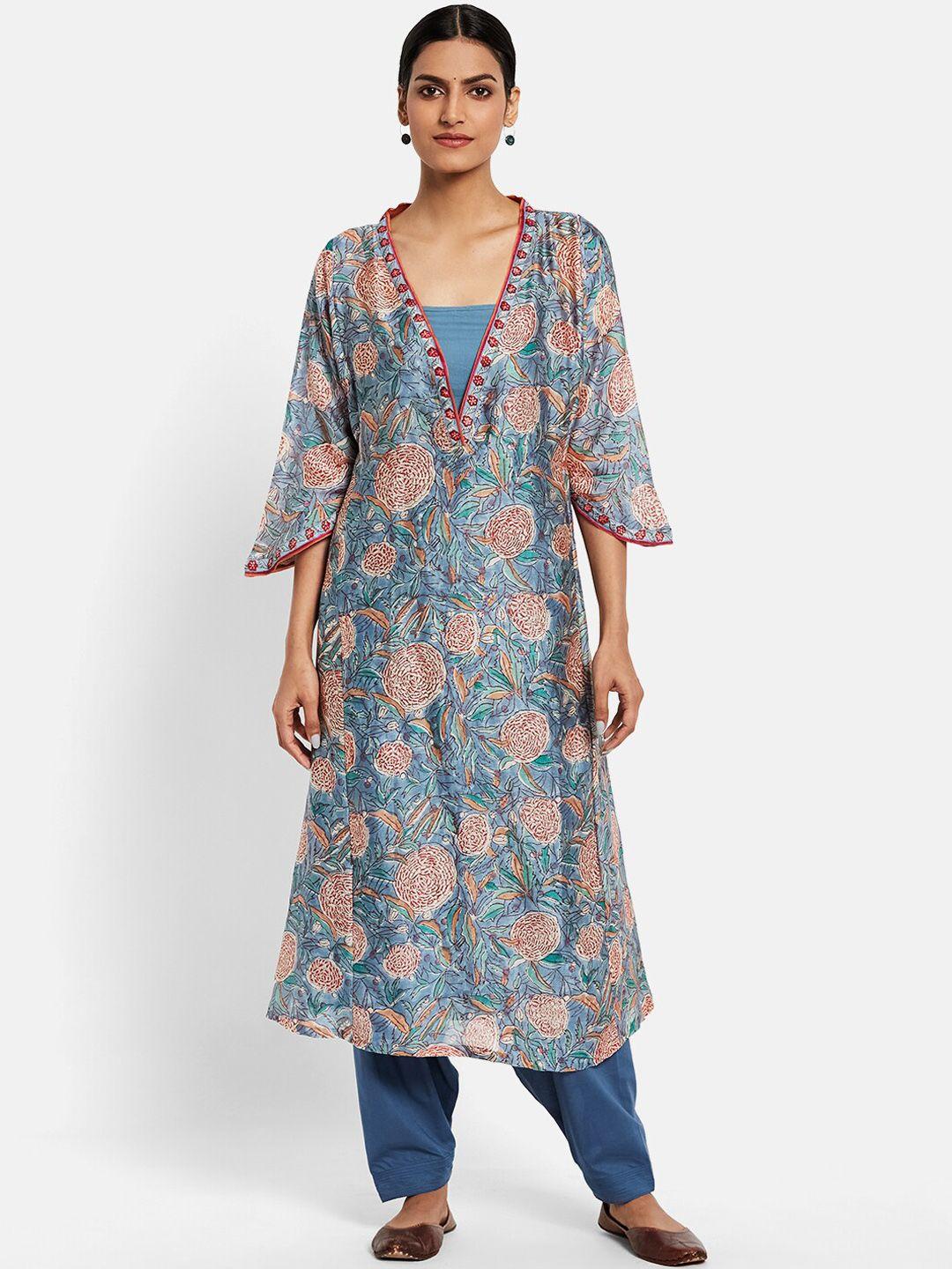 fabindia women blue & red paisley printed layered a-line kurta