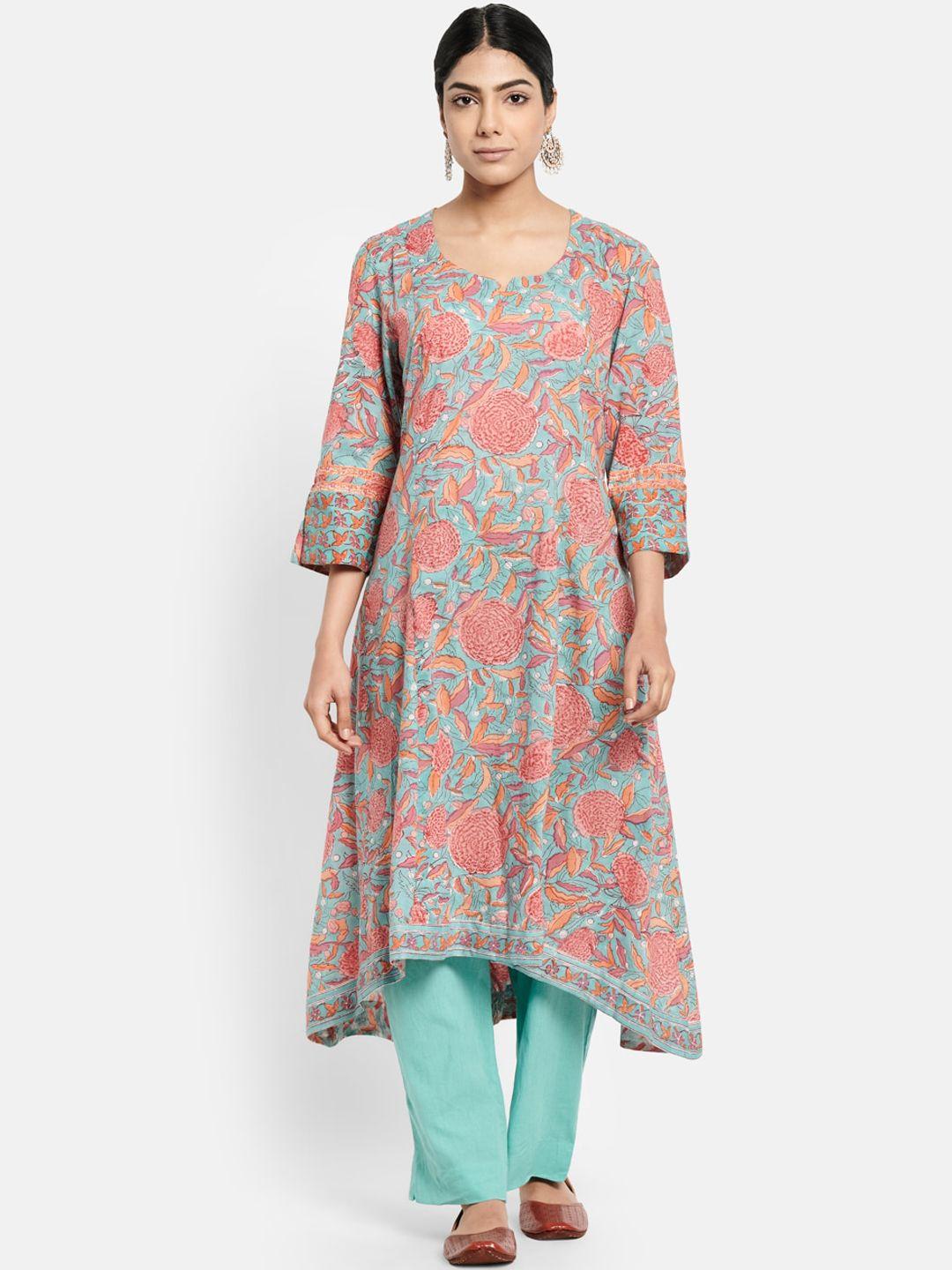 fabindia women blue floral printed pleated pure cotton kurta with trousers