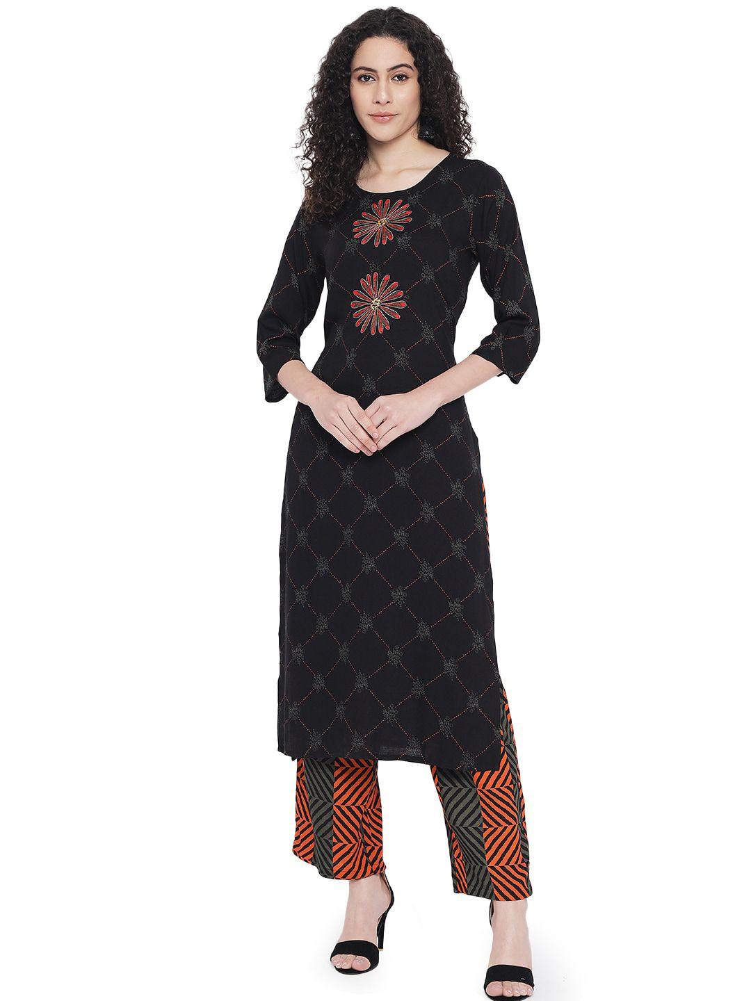 nehamta women black floral embroidered thread work kurta with palazzos