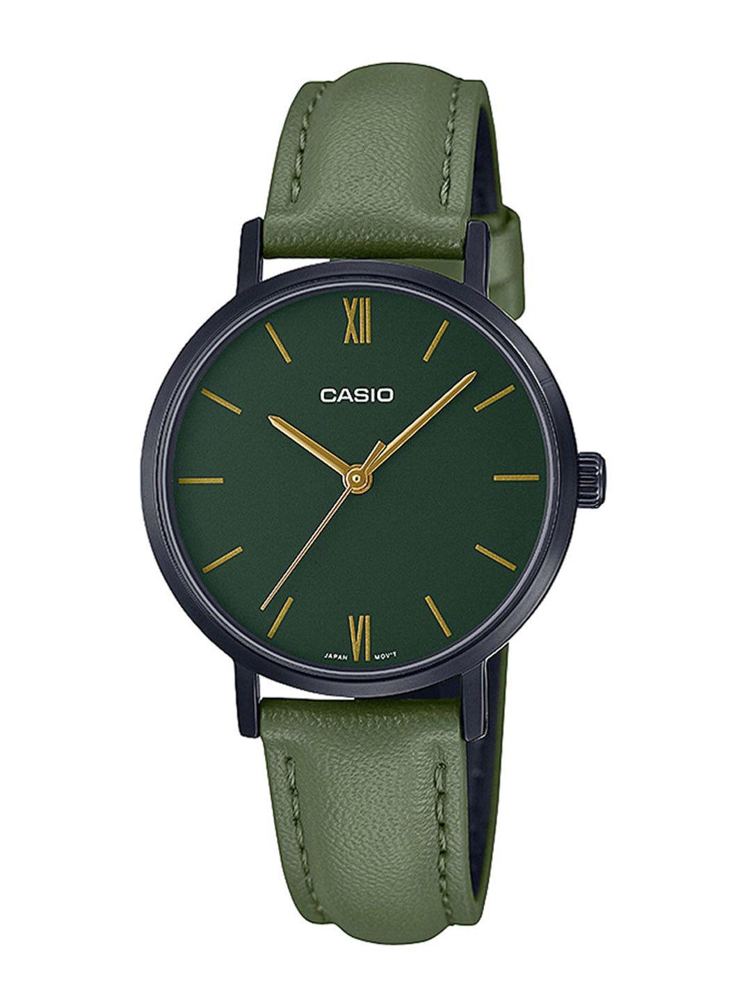 casio women green dial & green leather straps analogue watch a2002