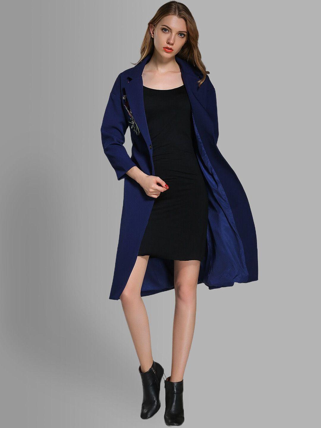 jc collection women navy blue solid notched lapel trench coats