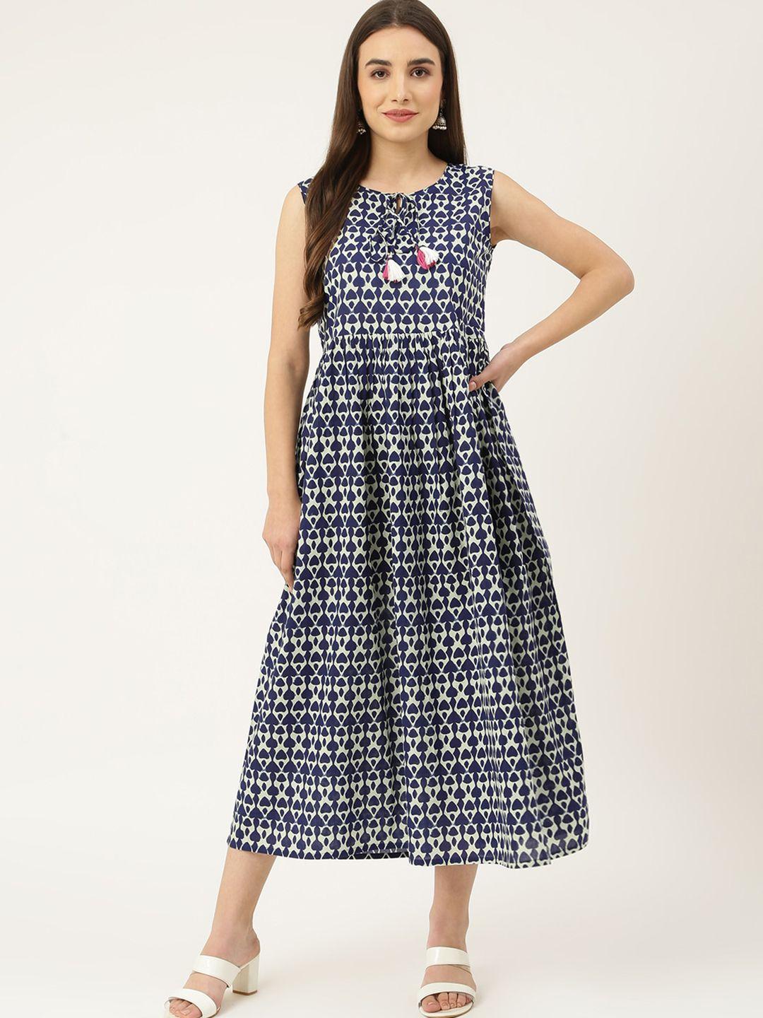 deckedup women blue & off white geometric printed cotton midi dress