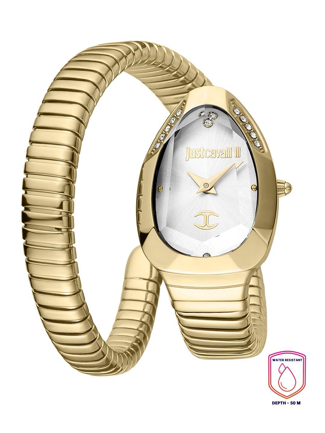 just cavalli women silver-toned brass embellished dial & gold toned stainless steel bracelet style straps watch