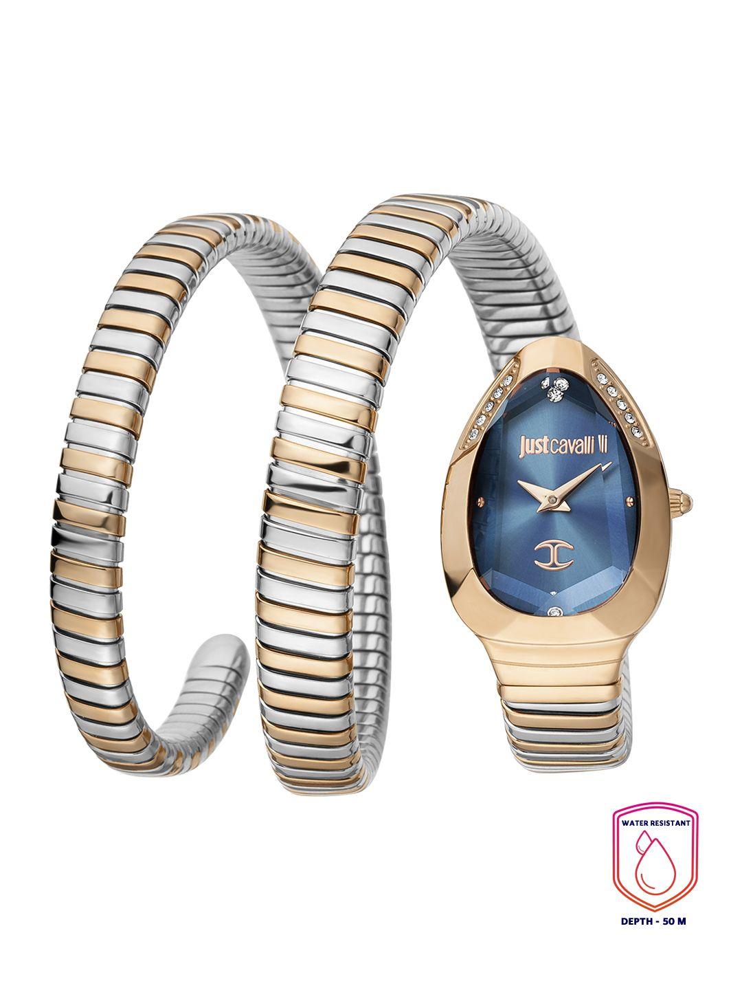 just cavalli women blue brass printed dial & rose gold toned stainless steel bracelet style straps analogue watch