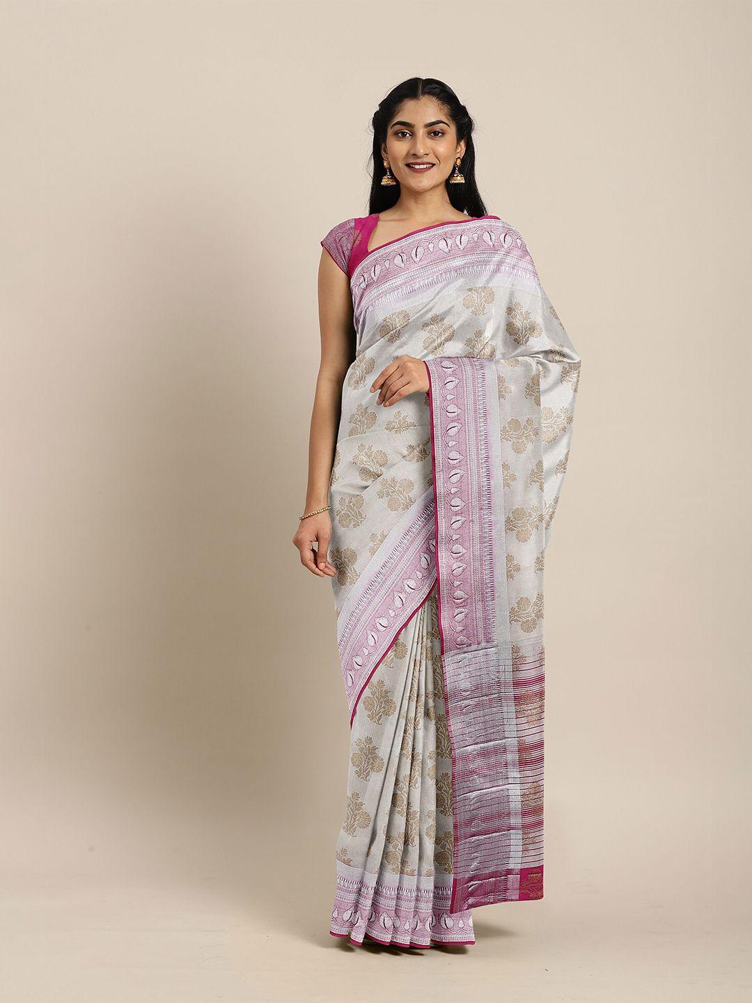 the chennai silks off white & pink floral zari jute cotton saree