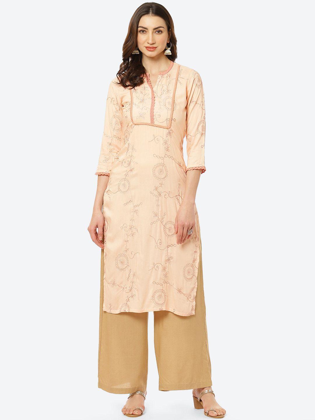 kurti's by menka women cream-coloured ethnic motifs yoke design kurta