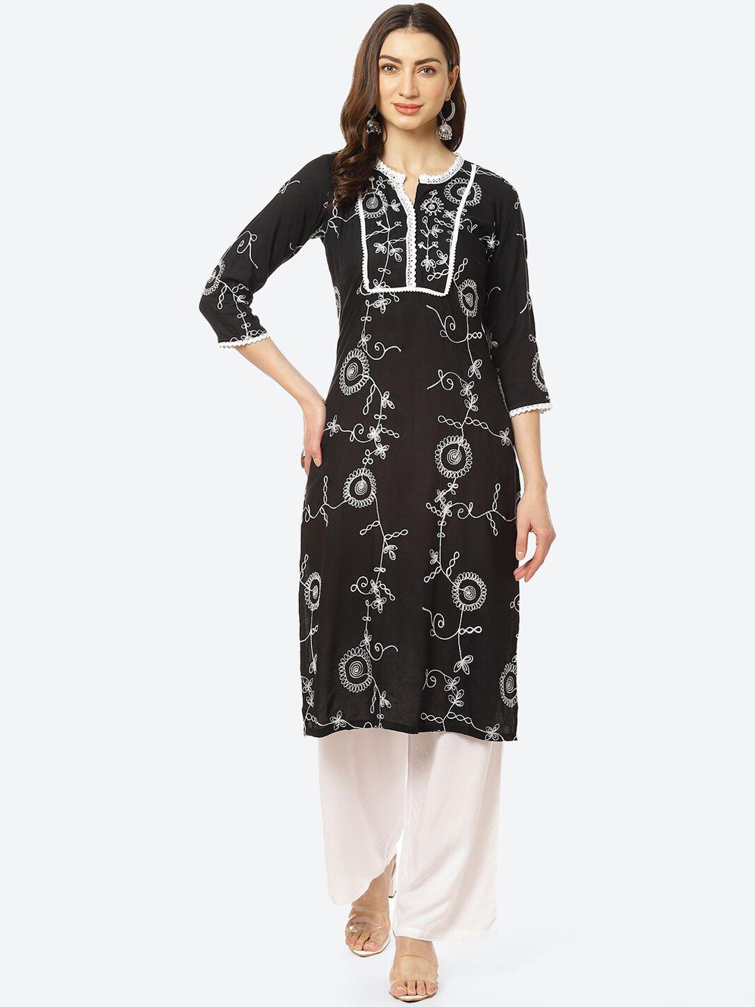 kurti's by menka women black & white floral embroidered kurta