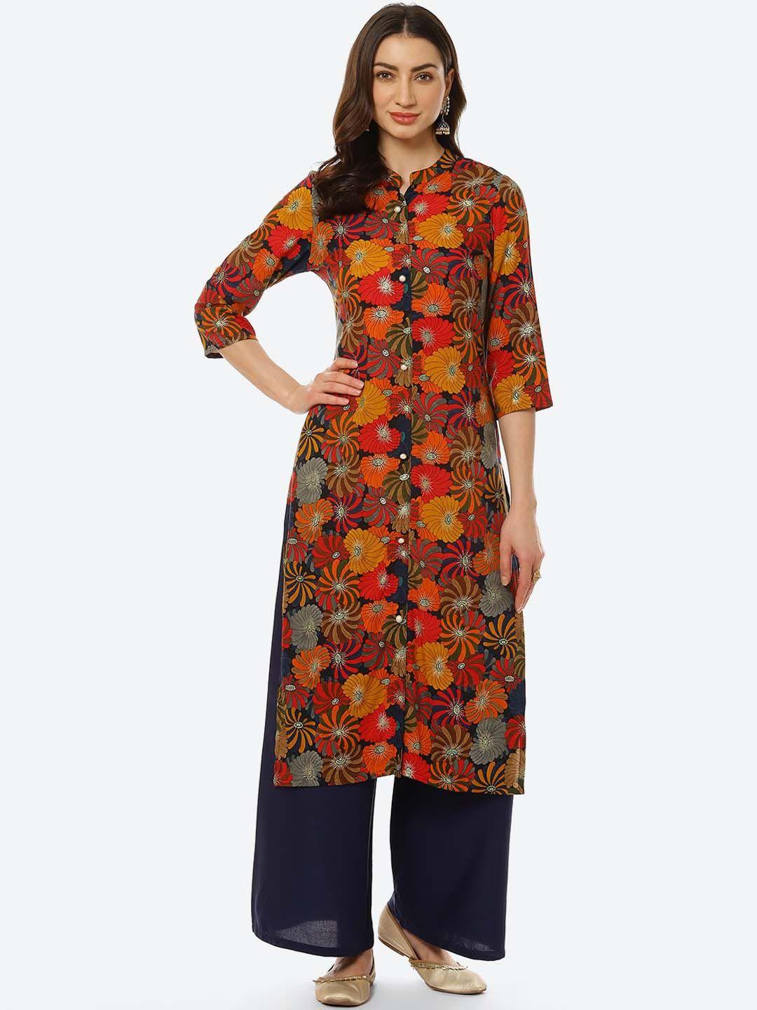 kurti's by menka women black & red floral printed kurta