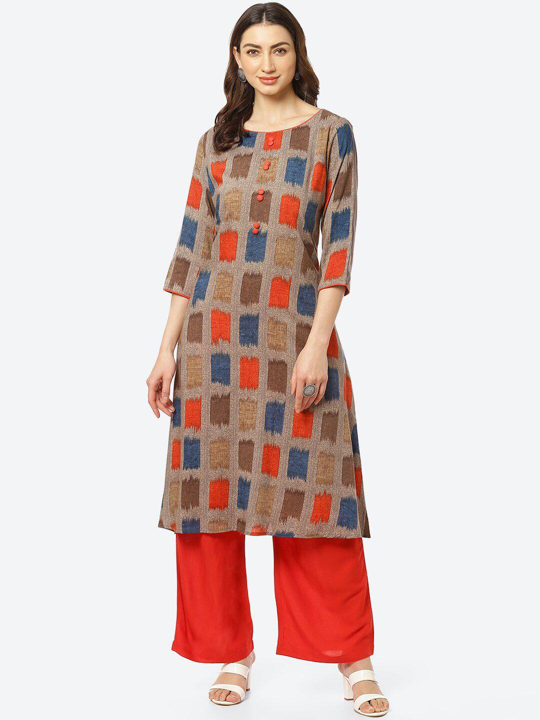 kurti's by menka women grey & orange printed kurta