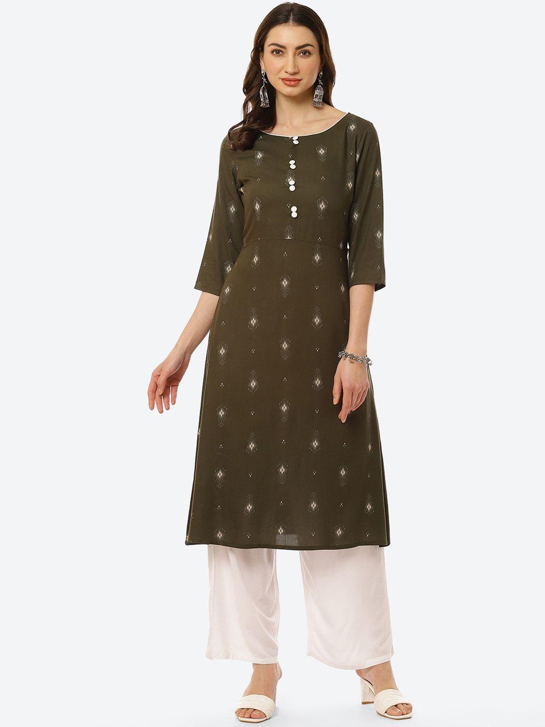 kurti's by menka women olive green ethnic motifs printed kurta