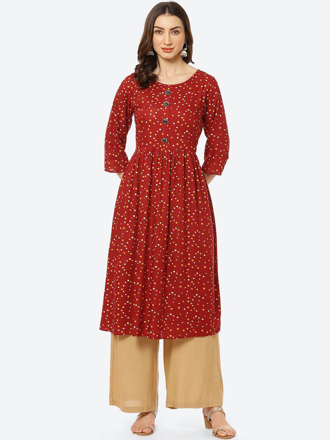 kurti's by menka women red & yellow geometric printed a-line kurta