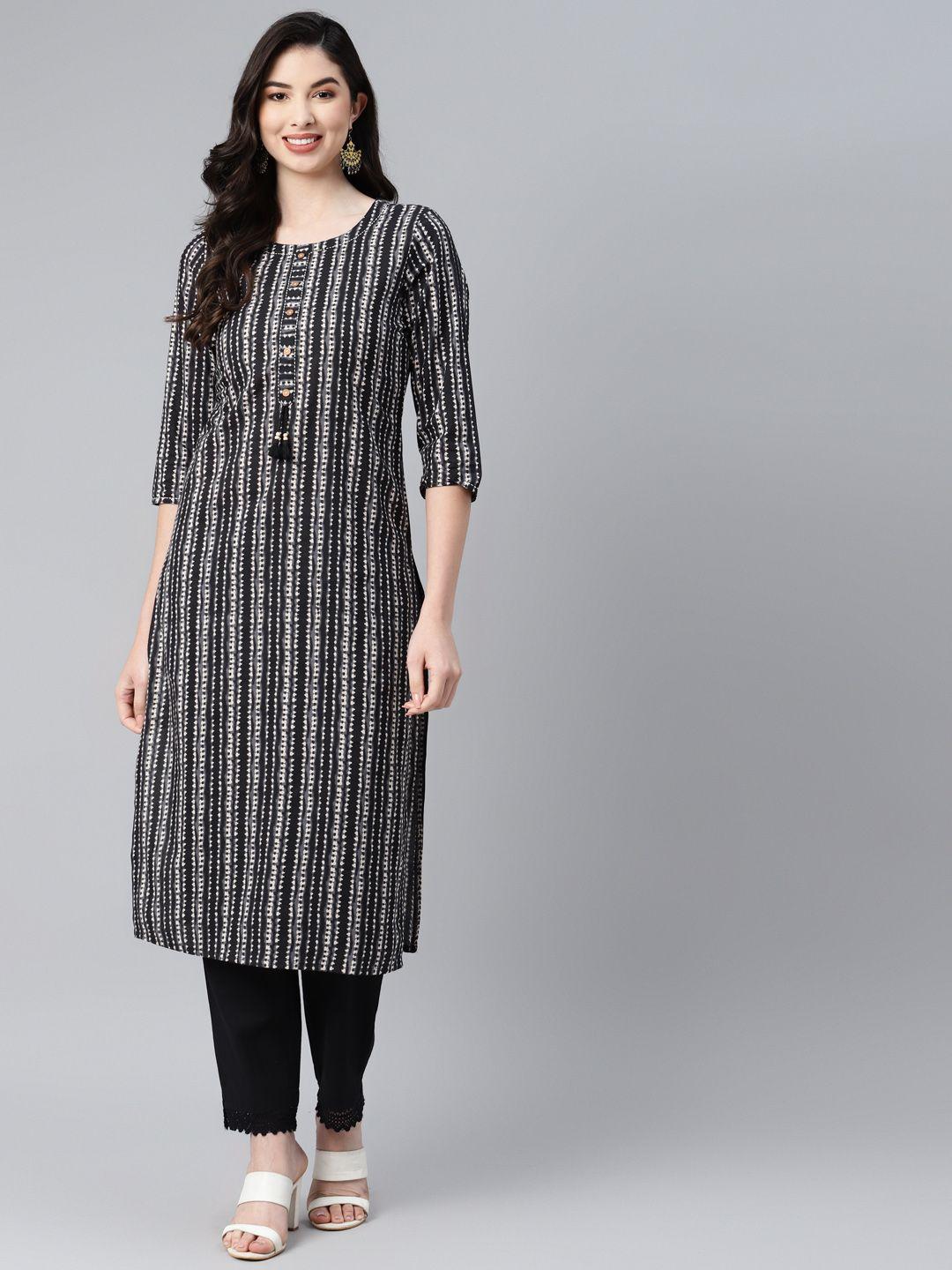 piroh women black & white bandhani printed pure cotton kurta