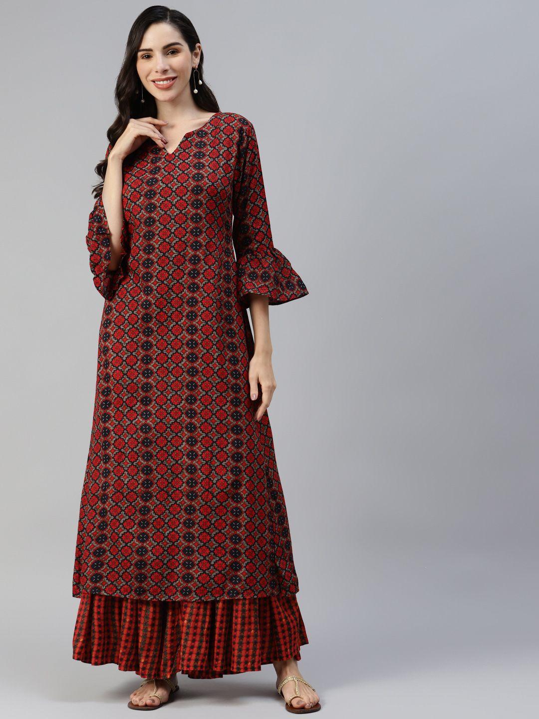 mbe women red ethnic motifs printed kurta with sharara